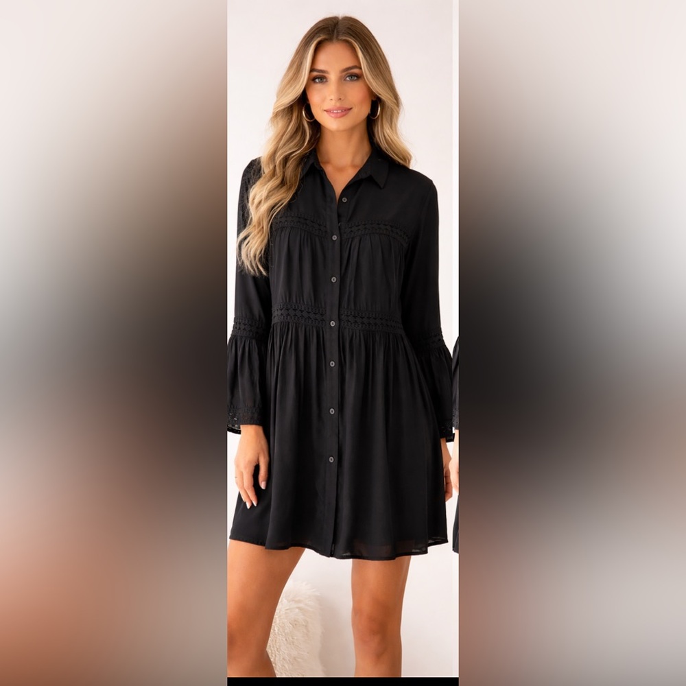 Sugar & Cream Black Boho Lace Trim Babydoll Dress Size L Flowy Cottagecore